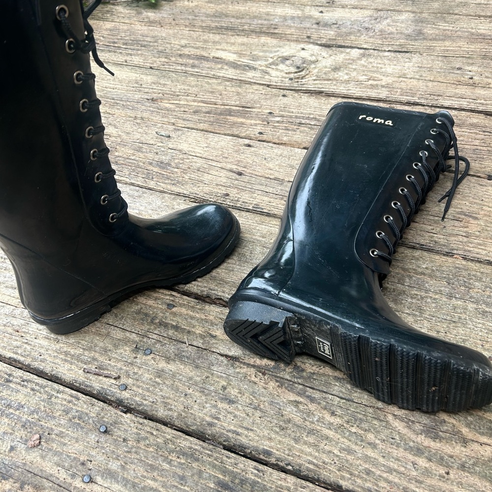 Roma Black Winter Rain Boots with Lace-Up Detail - Picture 2 of 2